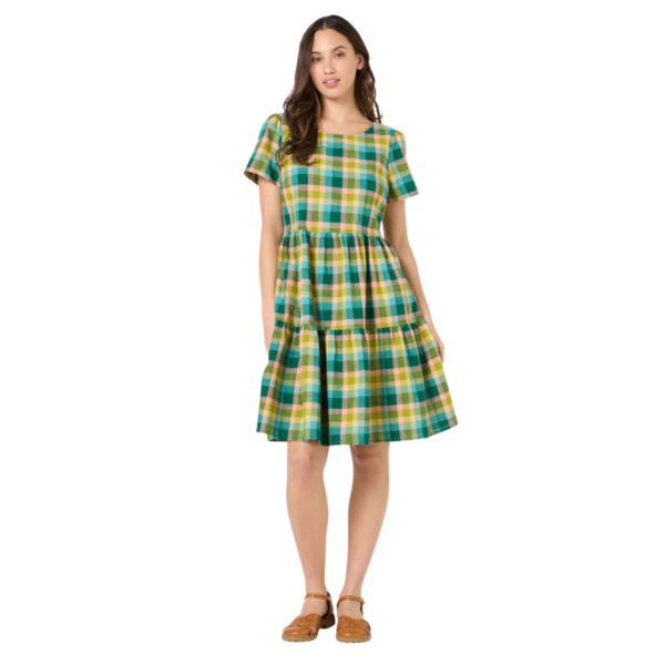 Women's Green Multi Plaid Short Sleeve Tiered Dress
