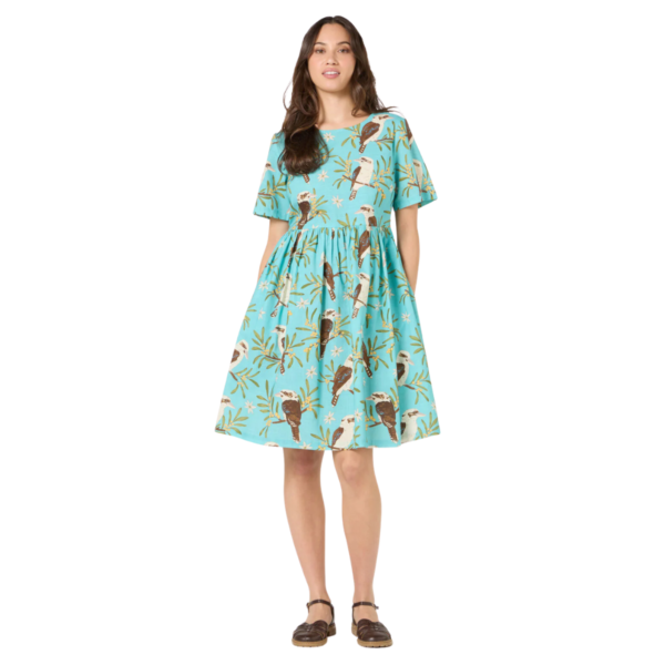 Women's Turquoise Bird Print Short Sleeve Knee Length Dress